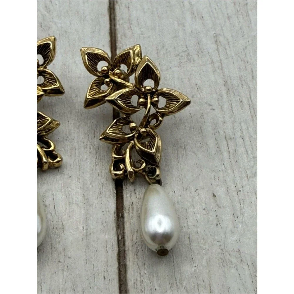 Vintage Gold Floral Drop Earrings with Pearl Teardrops
